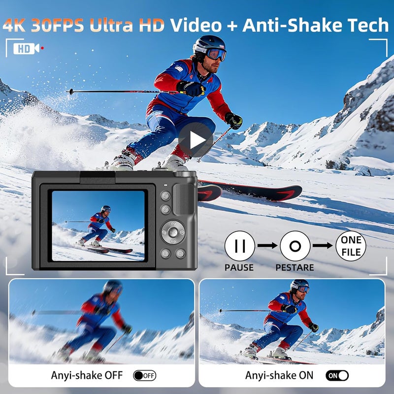 Kasukani كاميرا رقمية 4K للتصوير والفيديو، كاميرا فلوغينغ بدقة 56MP مع تركيز تلقائي لليوتيوب، شاشة قابلة للطي 3" بزاوية 180° وزوم رقمي 16X، كاميرات سفر مدمجة مع بطاقة SD سعة 32GB للمبتدئين والبالغين - Image 3